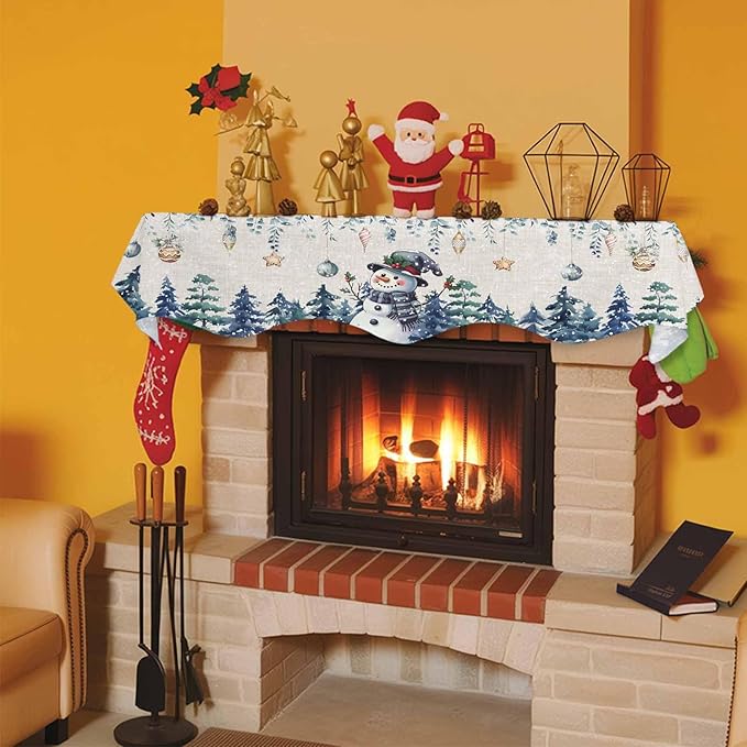 Blue Snowman Christmas Fireplace Mantel Scarf Table Runner, Xmas Snowflake Eucalyptus Leaves Rustic Winter Garland Mantel Top Tablerunners Dresser Scarves Cover for Windows Party Living Room 60''x17''