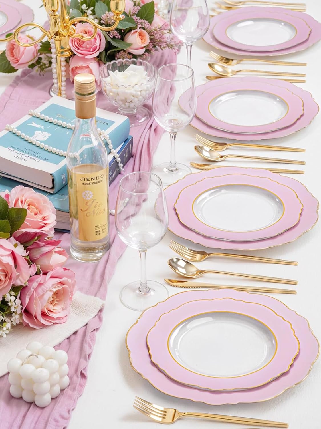 WDF 60Pcs Pink Plates Disposable with Gold Rim - Baroque Clear Pink and Gold Plastic Party Plates Ideal for Wedding/Baby Shower