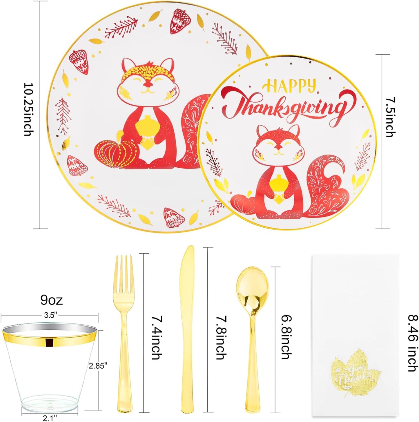 Hioasis 175pcs Thanksgiving Plastic Plates - Gold Dinnerware Set for 25 Guests - 50 Disposable Plates with Red Squirrel, 75 Gold Plastic Silverware, 25 Cups, 25 Napkins for Thanksgiving Party