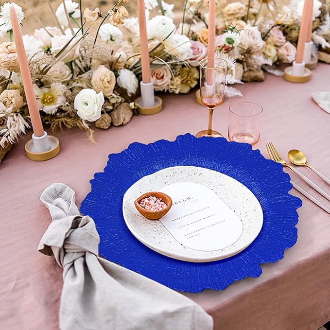 24 Pcs Royal Blue Charger Plates Bulk 13 Inch Plastic Charger Plates for Dinner Plate, Royal Blue Chargers for Table Setting, Reef Design Plate Floral Decorative Round Chargers for Wedding Party Event