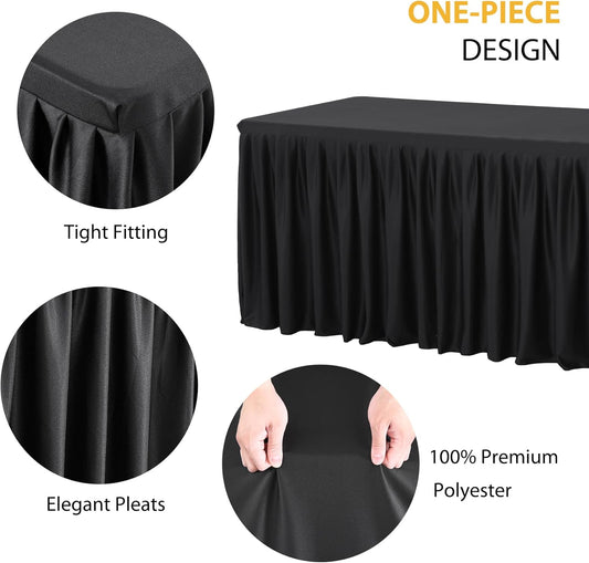 Black Polyester Table Clothes for 4 Foot Rectangle Tables, Wrinkle Free Fitted Table Cover 4ft Stretch Tablecloths with Skirt for Parties Weddings Birthday Banquet Baby Shower