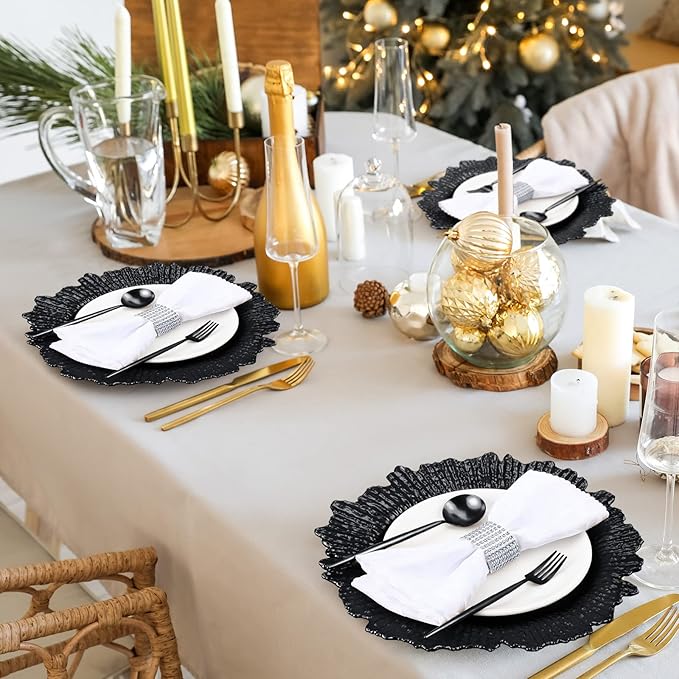 Tanlade 100 Pcs Reef Charger Plates Bulk 13 Inch Plastic Wedding Chargers Floral Decorative Plates with Metallic Ruffled Rim for Wedding Party, Holiday Event Supplies(Black)