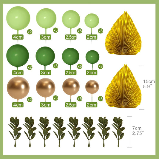 NEBURORA 64 Pcs Balls Cake Toppers and Leaves Decoration Set Mini Balloons for Cake Decorating Supplies Balls Cake decorations for Baby Shower Cake Toppers Birthday Cake Decorations (Green Gold)