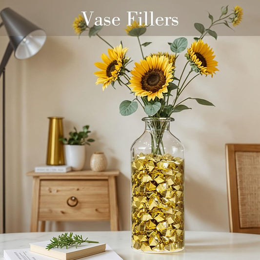 DomeStar 150PCS Fake Gold Ice, Acrylic Ice Fake Plastic Gold Nuggets Rocks Gems Marble Vases Fillers for Table Scatter Birthday Wedding Party Decoration