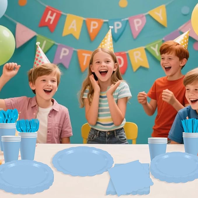 140 Pcs Light Blue Paper Plates and Napkins, Blue Party Supplies Include Light Blue Scalloped Plates Napkins Cups Plastic Spoons Forks Knives for Baby Shower,Wedding,Birthday