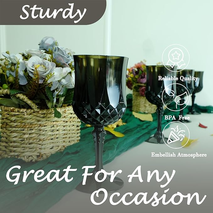 Plastic Wine Glasses, Plastic Goblets Vintage Style Cordial Unbreakable Drinking Glasses, Reusable Drinkware for Wedding Reception, Grand Event Party Supplies, Easter (12, Black)