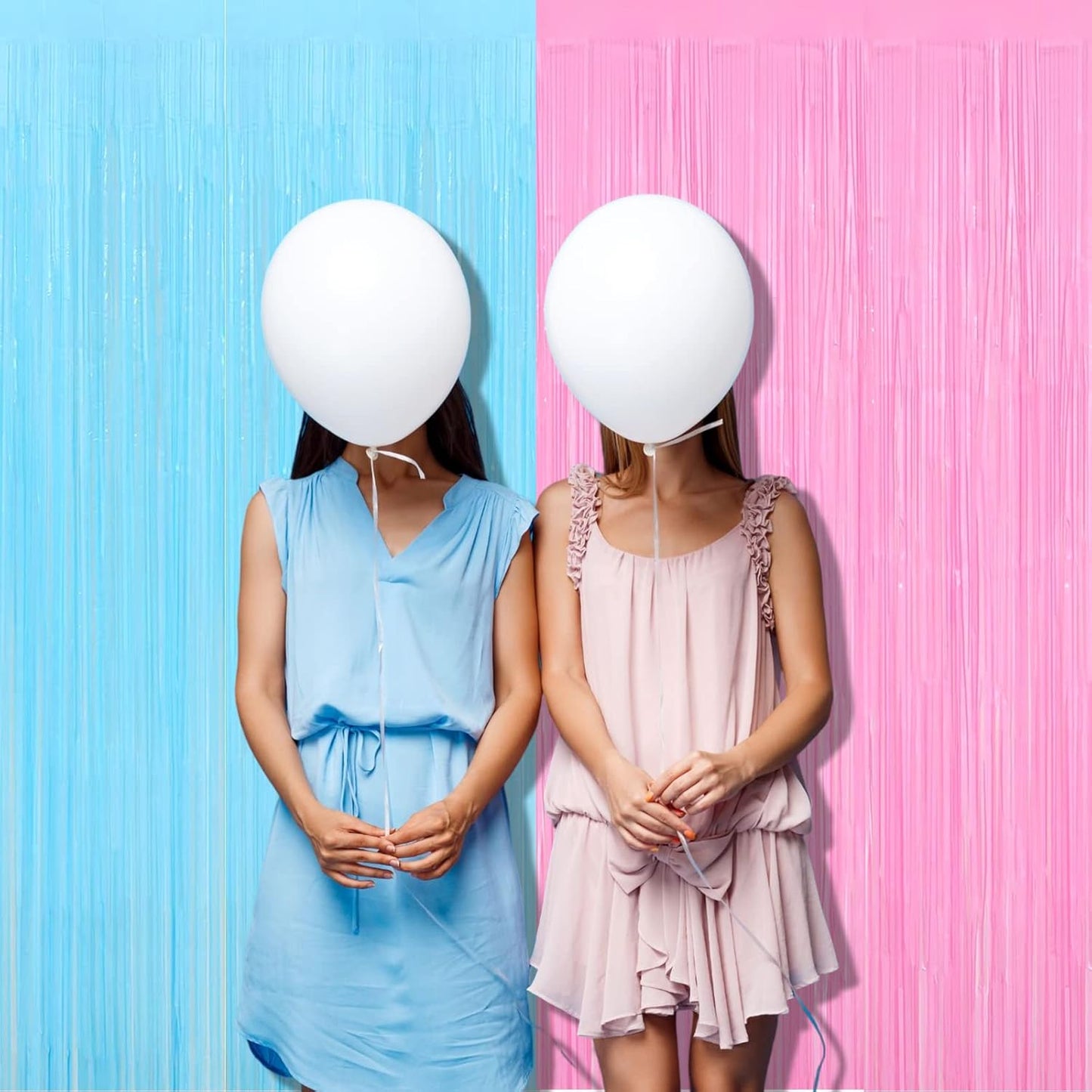 4 Pack 3.2Ft x 9.8Ft Pink Blue Fringe Curtain Backdrop, Metallic Tinsel Foil Fringe Streamers Curtains Background for Photo Booth Wedding Gender Reveal Backdrop Boy or Girl Birthday Party Decoration