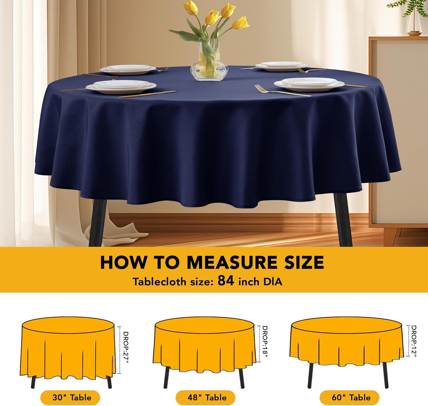 10-Pack Navy Blue Round Tablecloths, 84 Inches, Stain-Resistant Polyester for 3-5 Ft Round Tables - Washable Table Covers for Weddings, Banquets, Birthday Parties, Events