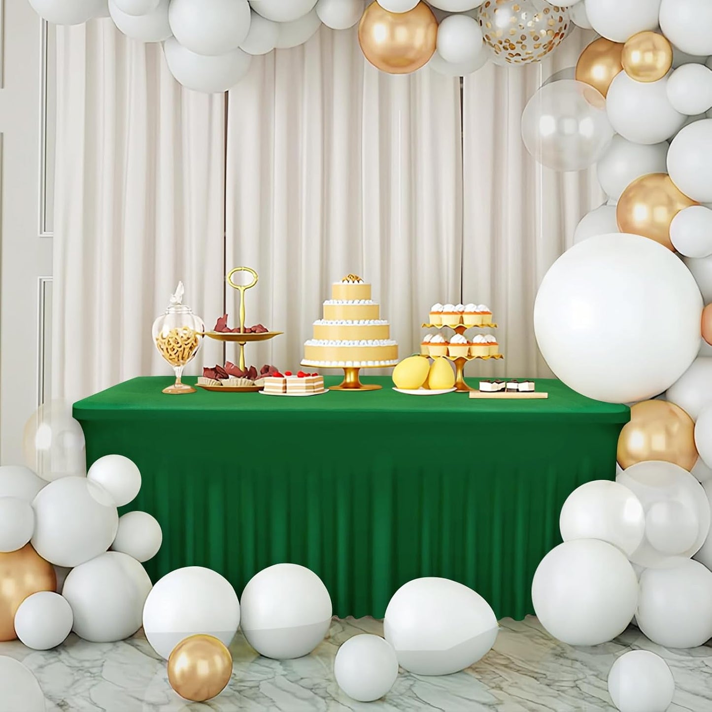 Table Skirts for 6ft Rectangle Tables - 2PCS Green Table Covers for 6 Foot Tables, Wrinkle Resistant Ruffles Elastic Table Cloths and Table Skirt for Banquets/Weddings/Parties/Birthday