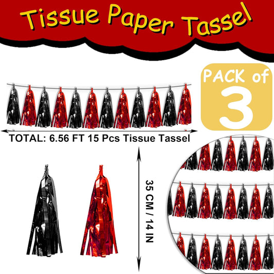 3P Black red Tassel Banner Garland Metallic Foil Fringe Banner Tinsel Tassels Streamer Banner Backdrop for Parade Floats, 2025 Graduation Decorations, Father's Day Party Decoration