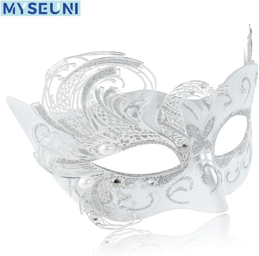 2025 New White Masquerade Mask for Women-Peacock Metal Masquerade Venetian Mask Silver- Masks for Women Butterfly - Mardi Gras, Halloween Parties, Costume Party, Carnivals, Wedding
