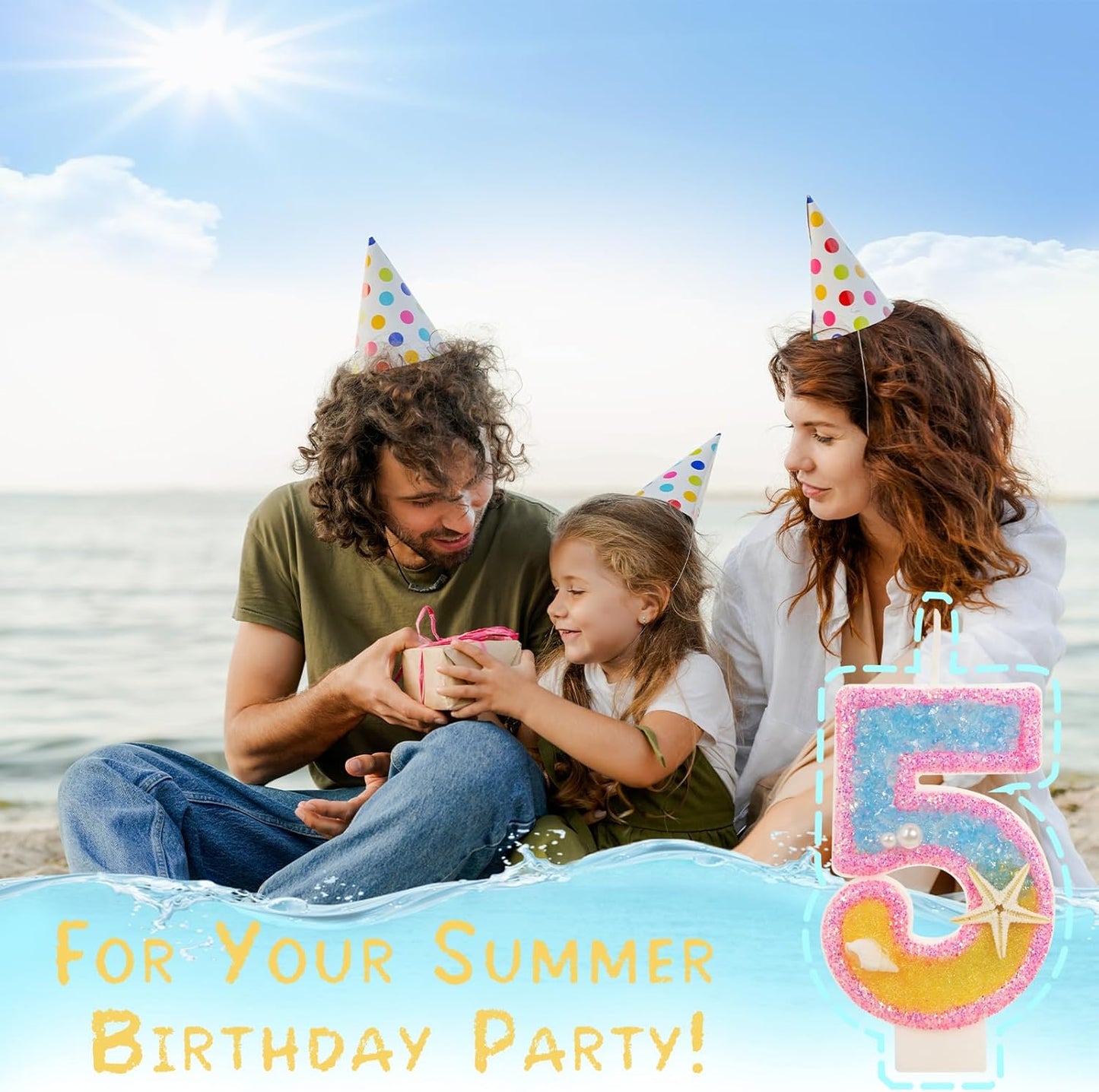 5th Birthday Candle for Cake, Pink Beach Starfish Sequins Number Cake Candles, 2.76 inch Pink Cake Topper Decoration for Birthday Party (Number 5)