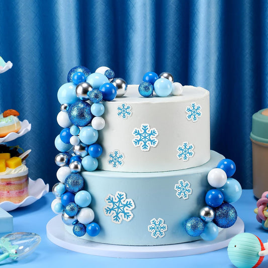 Tondiamo 108 Pcs Balls Cake Topper DIY Cupcake Insert Foam Balloons for Cake Baking Wedding Anniversary Birthday Decoration (Blue White Silver,Multi Sizes)