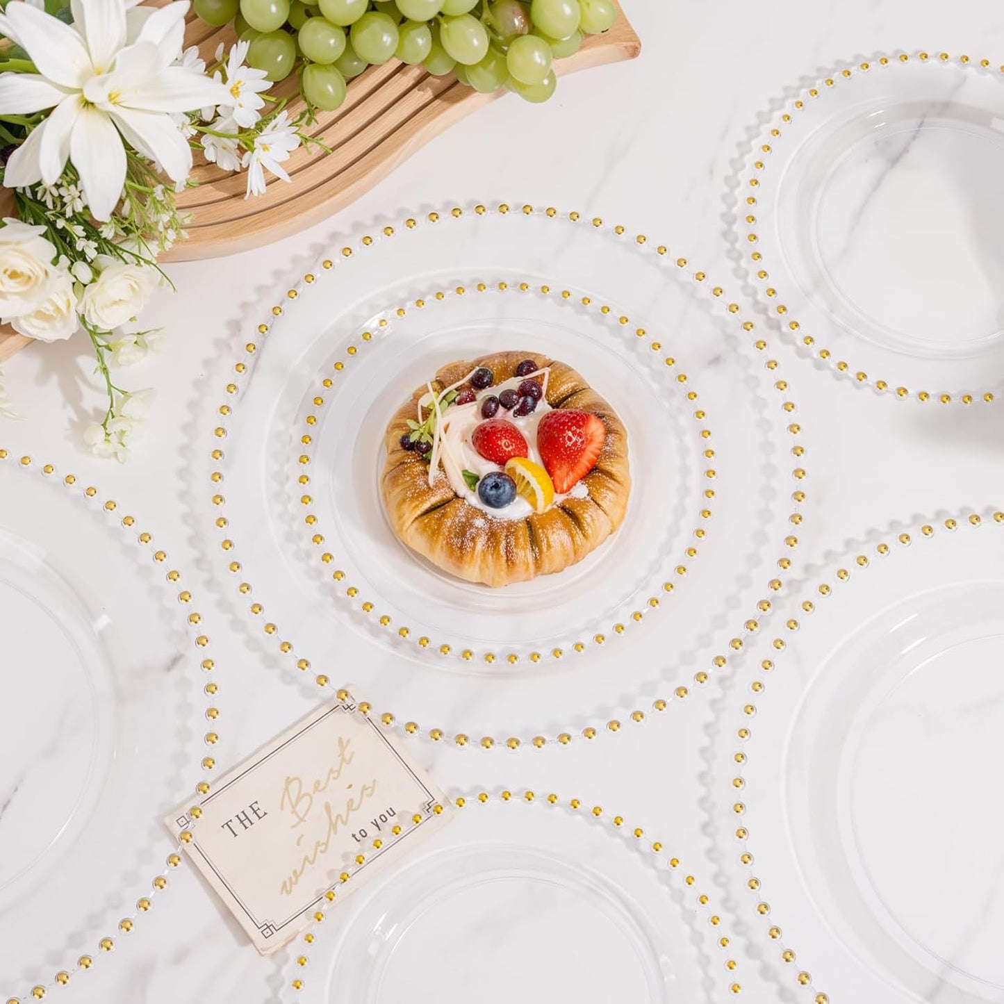 supernal 100pcs Clear Plastic Plates with Gold Beads-Clear and Gold Plastic Plates Disposable Heavy Duty-50 Dinner Plate 10.25inch and 50 Dessert Plate 7.5inch for Wedding,Birthday,Bridal Showers