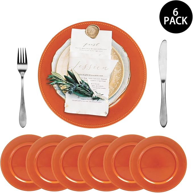 MAONAME Orange Charger Plates, Round Dinner Charger with Beaded, 13 Inch Plastic Plate Chargers for Wedding, Table Decor, Set of 6