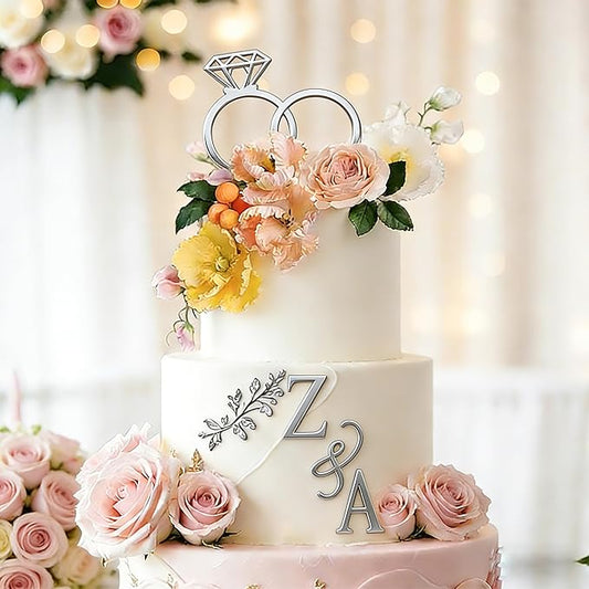 28 Pcs Silver Acrylic Wedding Cake Topper Personalized Diamond Ring and Alphabet A-Z Cake Picks for Marriage Engagement Anniversary Valentines Party Decorations Supplies