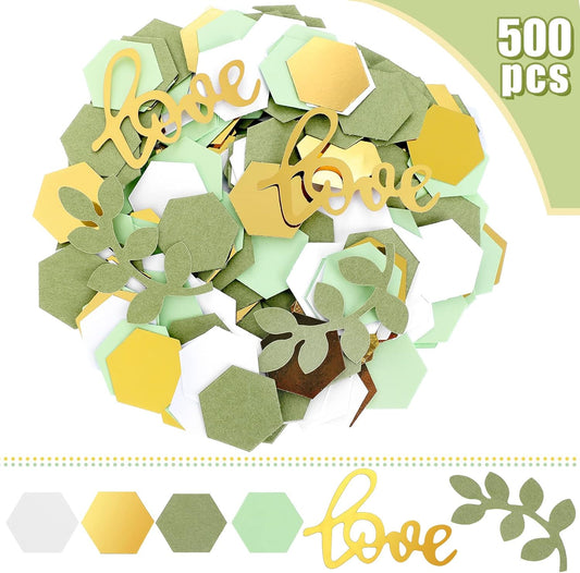 500 Pcs Greenery Wedding Table Confetti, Boho Love Theme Party Sage Green Table Scatter Confetti for Nature Theme Engagement Party Wedding Birthday Shower Party (Gold, Tea Green, Light Green, White)