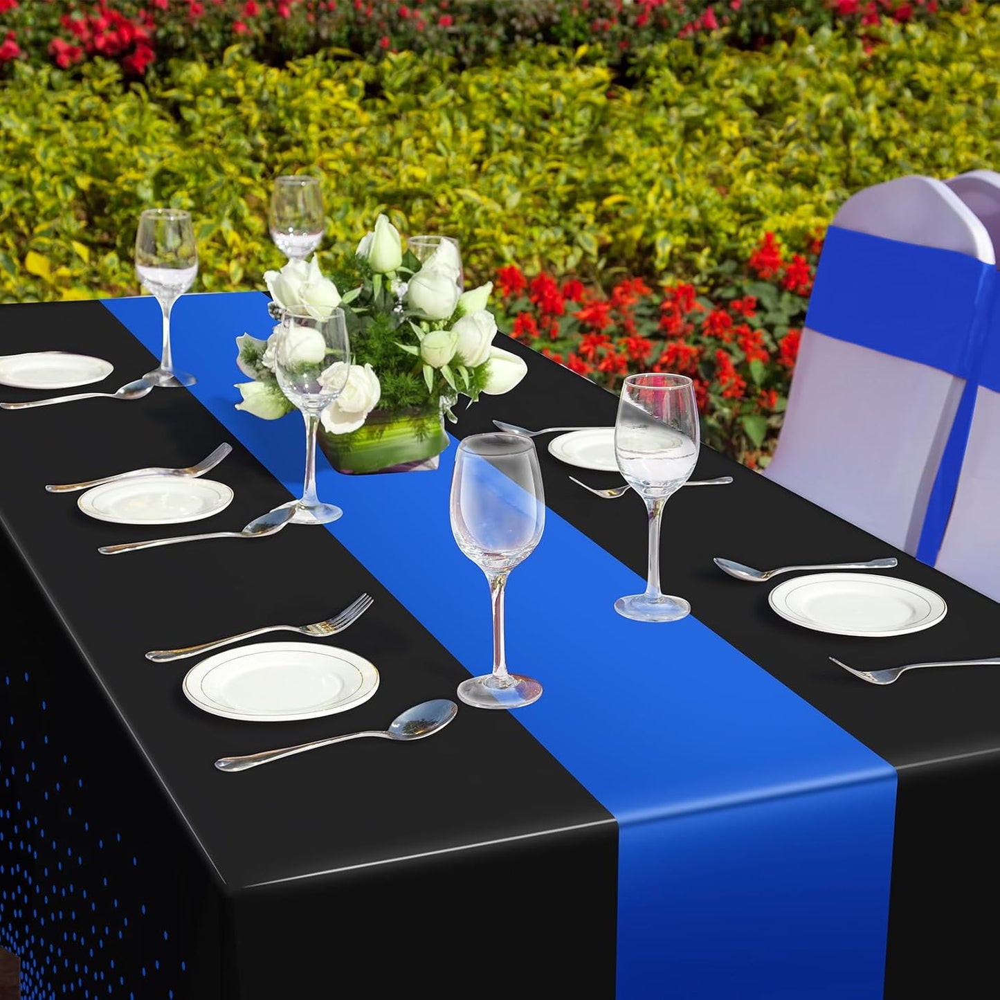 MASHAN 6Pcs Black and Blue Tablecloth Party Decorations,Plastic Black Table Cloth Printed Blue Runner Disposable Rectangle Table Cover for Birthday Wedding Anniversary Graduation Party,54 x108 Inch