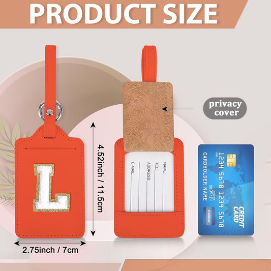 Personalized Initial Luggage Tags for Suitcases, Leather Chenille Letter Cute Luggage Tags with Privacy Name Card, Embroidered Travel Bag Backpack Tags Gifts for Women Kids Girls Teens(Orange-L)