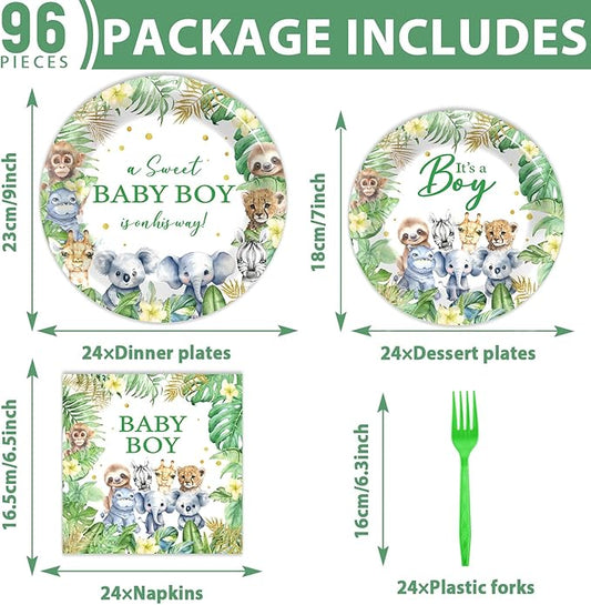 96Pcs Safari Jungle Baby Shower Party Supplies Green Wild Animals Baby Boy Paper Plates Napkins Baby Shower Party Decorations Safari Jungle Dinnerware Party Favor Wild One Tableware Serves 24