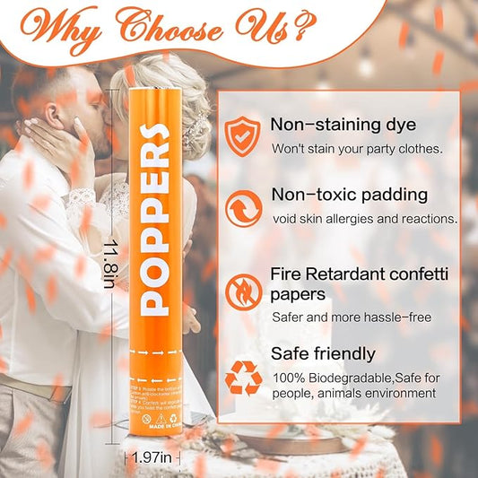 Confetti Cannon 12Pack Orange Party Popper Shooters 12 Inch Confftti Poppers for Wedding Birthday Graduation Christmas New Year Eve Party Supply Launches 20-25ft