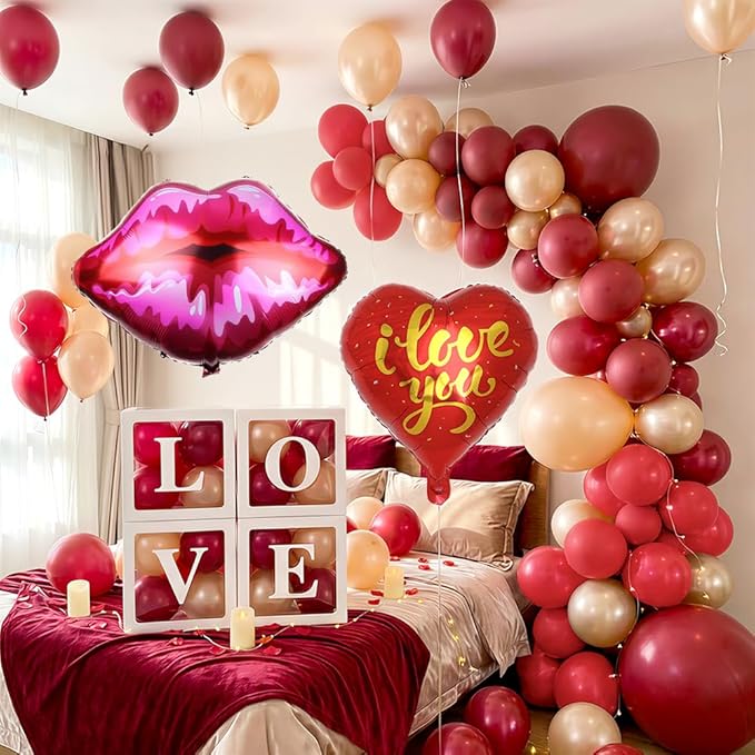 Valentines Day Party Decorations, Balloon Boxes with Letters/Backdrop/I Love You & Lip Foil Balloon/Long Balloons/Red and Rose Gold Balloons, Galentines Wedding Engagement Anniversary Decor