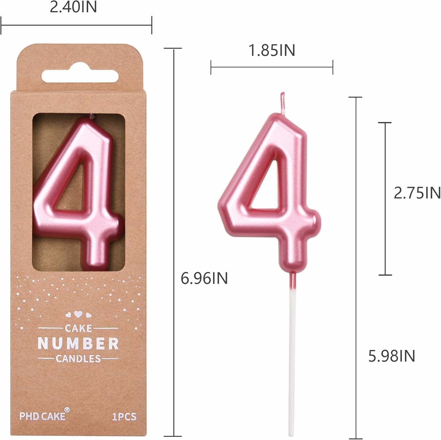 PHD CAKE 2.76 inch Classical Pink 4 Number Birthday Candle, Pink Number Candles, Cake Number Candles, Party Celebration