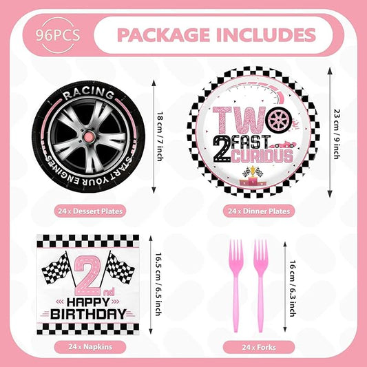 Grencian 96Pcs Two Fast Birthday Party Supplies Pink Race Car 2nd Party Plates and Napkins Checkered Flag Tableware for Kids Girls Racing Car 2 Year Old Birthday Decorations Serves 24