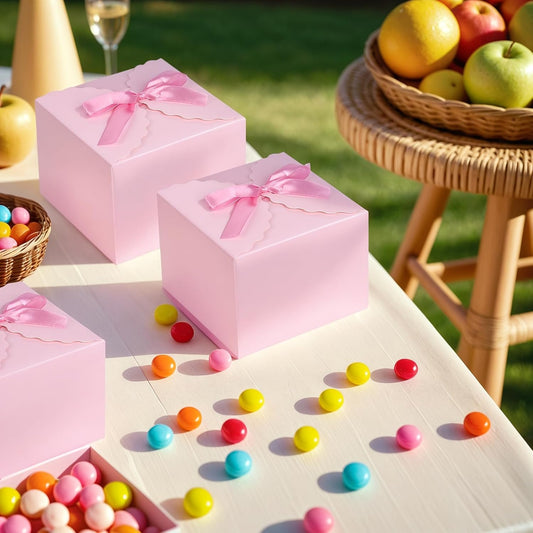 VGOODALL 10PCS Gift Boxes with Ribbon, Pink Candy Box with Ribbon Paper Treat Boxes for Wedding Cookie Chocolates Small Gifts
