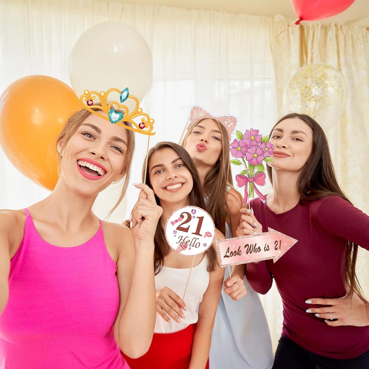 Birthday Decorations, Tumwisk 33PCS 21st Birthday Decorations for Girls, Rose Gold Happy 21st Photo Booth Props Glitter Girl Party Selfie Props (21st)