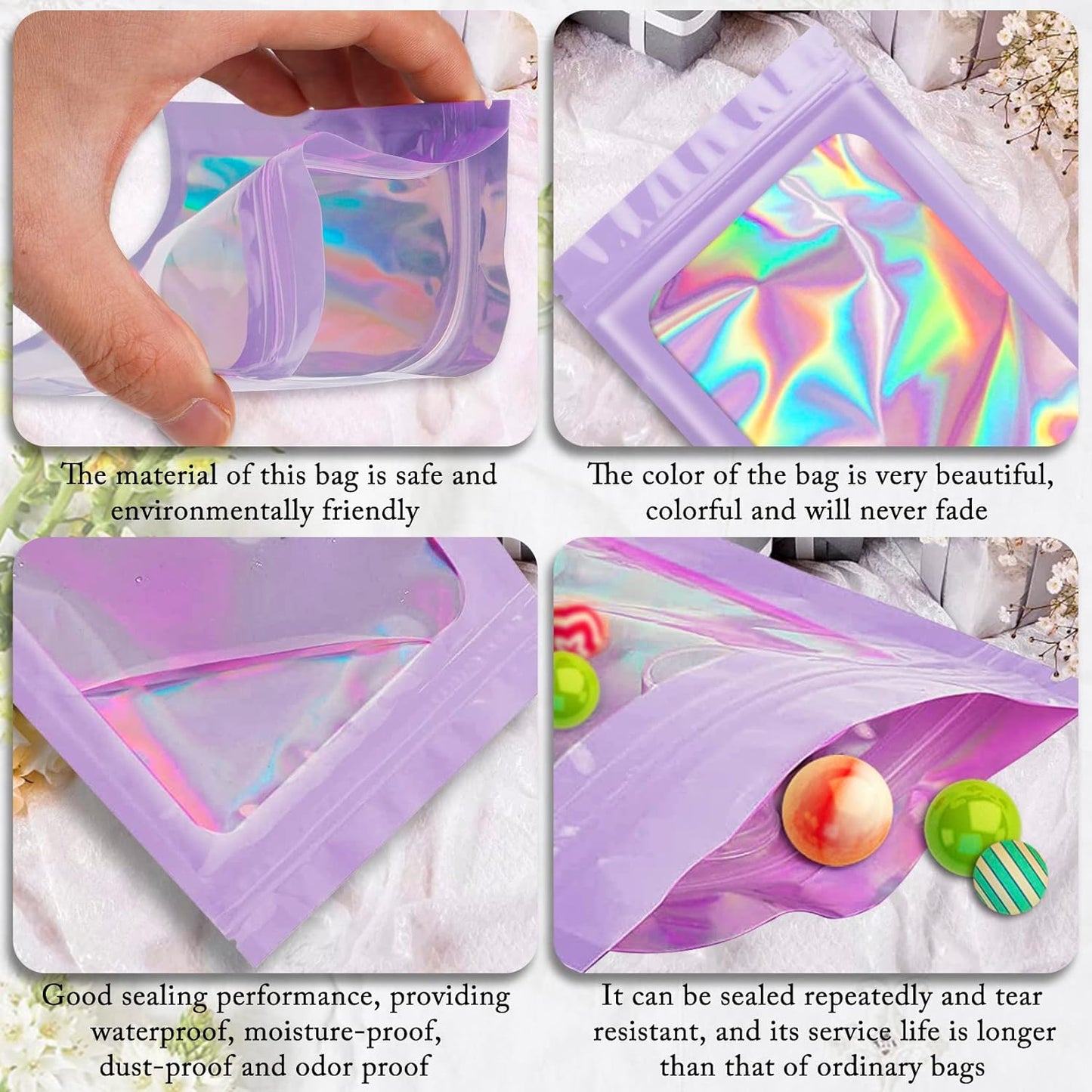 100 Pieces Smell Proof Mylar Resealable Bags, Holographic Packaging Bags, Resealable Odor Foil Pouch Zip Bags with Clear Window for Food Storage and Lipgloss, Jewelry Lash (Purple, 4.3 x 7.5 Inch)