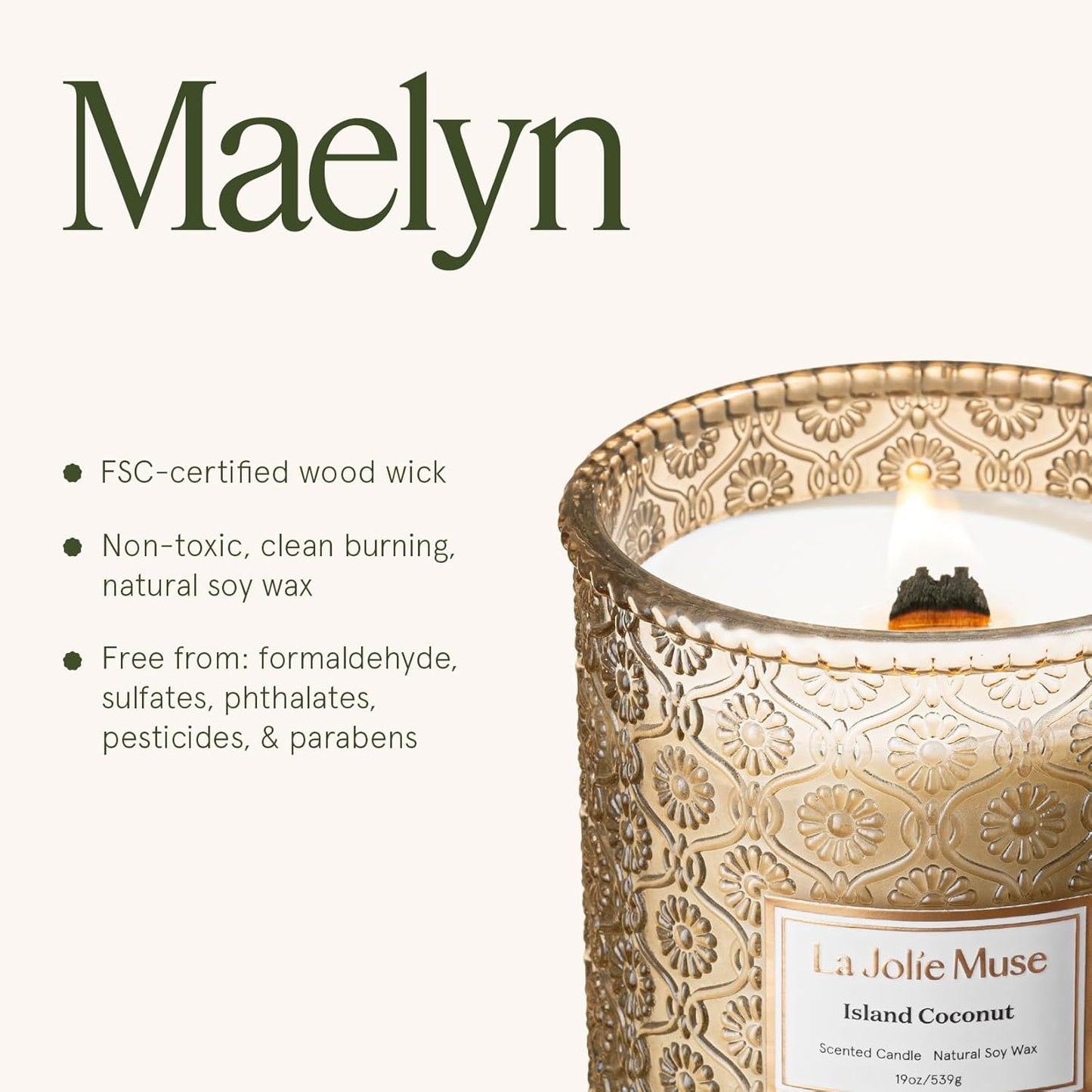 LA JOLIE MUSE Vanilla Coconut Candle – Coconut, Freesia & Vanilla | 19 oz Large Wooden Wick Candle | Natural Soy Wax | 90 Hours Clean Burn | Gift-Ready for Hosts & Gatherings | Elegant Home Décor