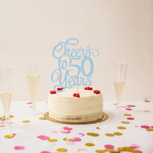 Cheers to 50 Years Cake Topper - Light Blue Glitter 50th Birthday Cake Decorating Supplies, Perfect for 50th Anniversary or Fifty Birthday Party, Photo Booth Props