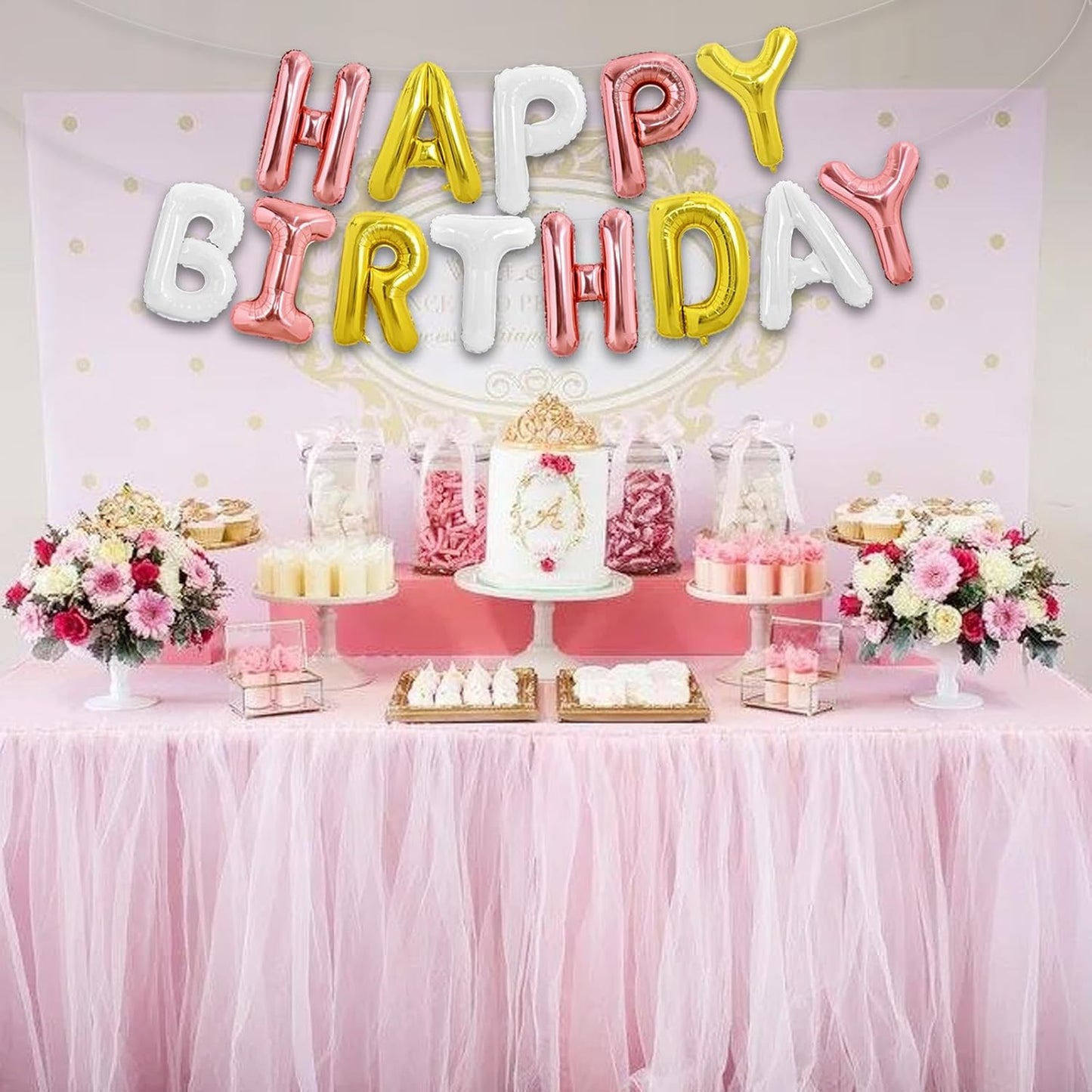 TONIFUL Happy Birthday Balloons Banner 16 Inch Mylar Foil Letters Birthday Sign Reusable for Girls Boys Kids & Adults Birthday Party Decorations Supplies(Rose Gold Gold White)