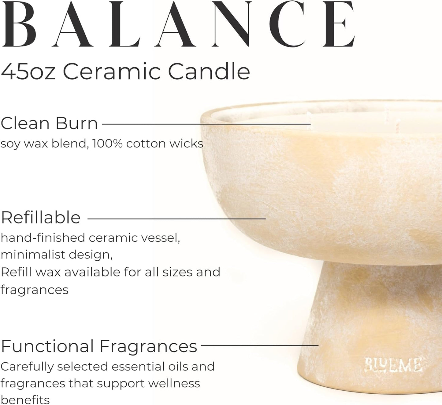 BLUEME Balance - White Lotus & Tea, Luxury Candle w/Essential Oils, 6 Wick, Hand-Poured Soy, Cotton Wick, Ceramic