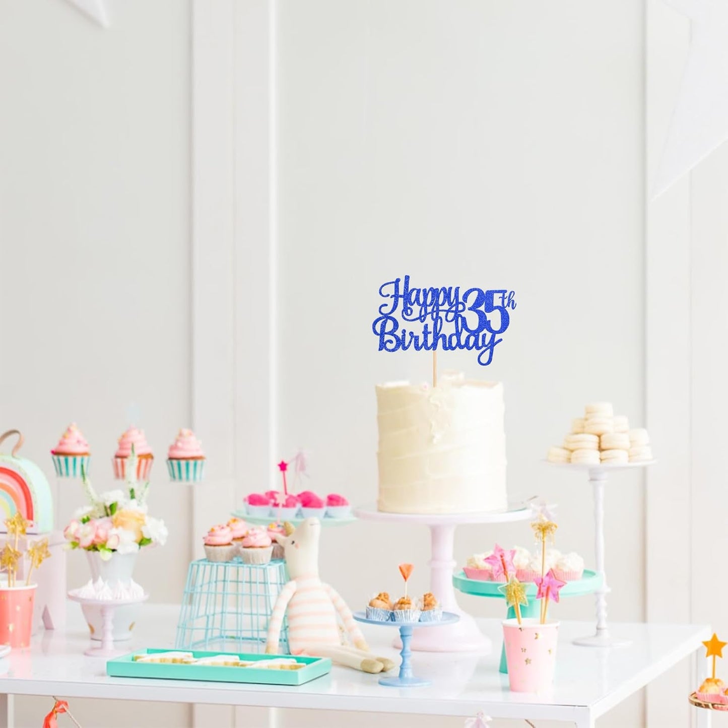 1 PCS Happy 35th Birthday Cake Topper Glitter Cheers to 35 Years Birthday Cake Pick Thirty Five 35 Fabulous Cake Decoration for Happy 35th Birthday Theme Party Decorations Supplies Blue