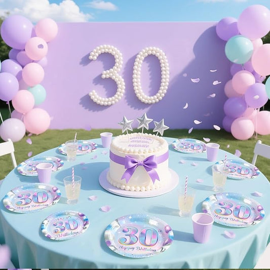 Grencian 96Pcs 30th Birthday Decorations Iridescent 30th Birthday Party Plates Disposable 350GSM Sweet 30 Years Paper Tableware Set for Women 30 Years Old Party Supplies Serves 24