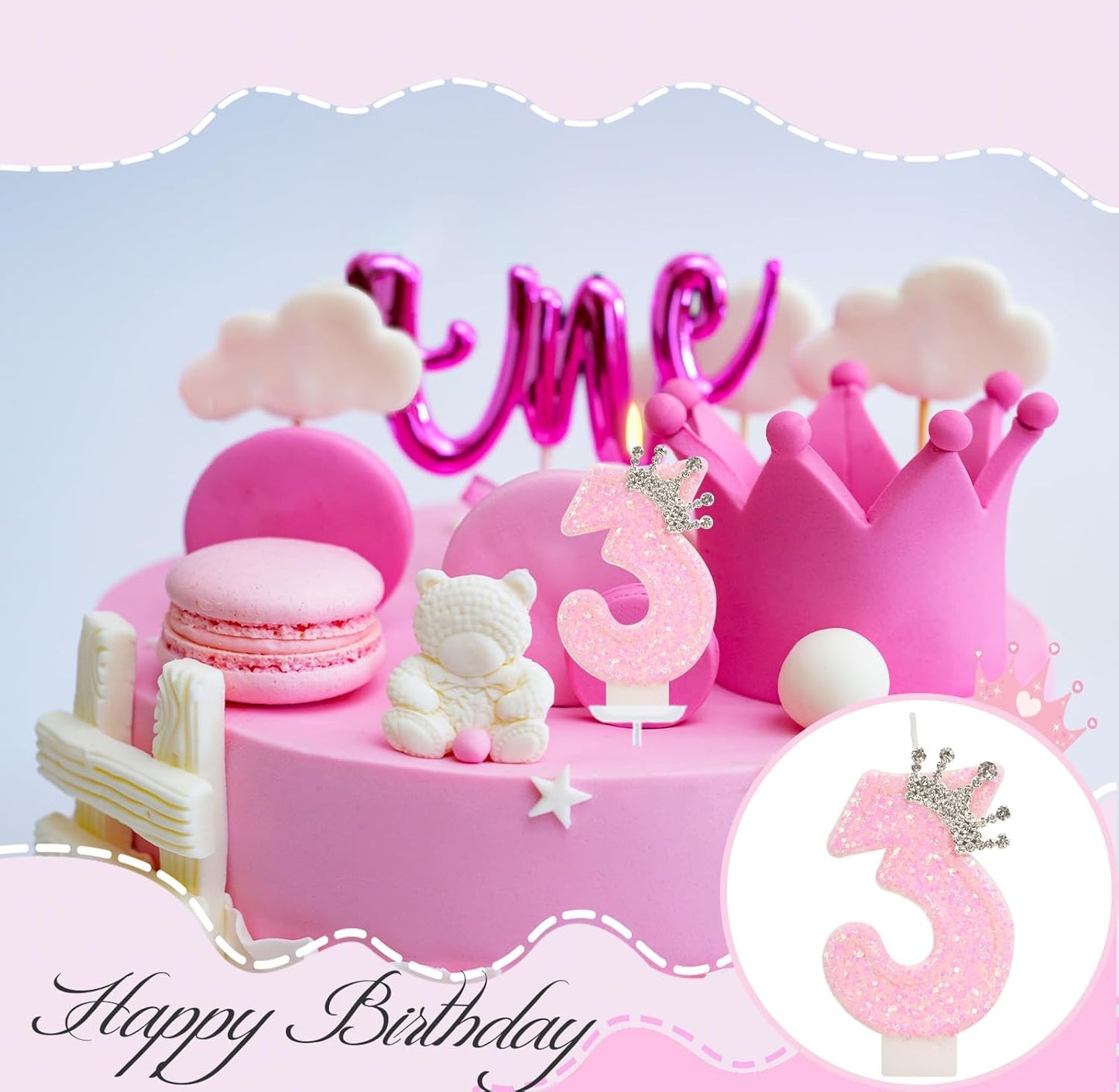 Birthday Candle for Cake, Crown Pink Number Candles, 2.76 inch Cake Topper Decoration for Birthday Party (Number 3)