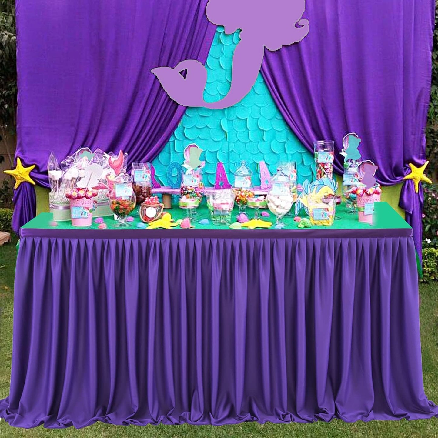 6ft Purple Table Skirt for Rectangle Tables Polyester Table Skirt Desk Skirts Ruffle Table Skirt Cloth for Birthday Party Banquet Purple Theme Party Wedding Bridal Shower Table Skirts