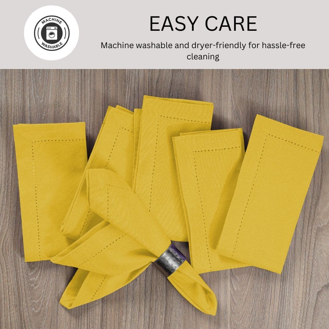 Hemstitch Cloth Dinner Napkins 100% Cotton Set of 12 - for Dining Special Occasions Weddings Parties Holidays Easter - Soft Durable Reusable - Elegant 18x18 Inch Table Cloth Napkins Yellow