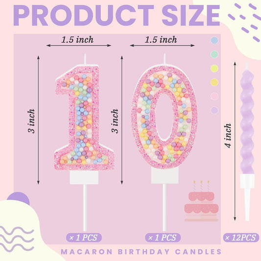 MTLEE Number 10 Birthday Candle with 12 Pcs Spiral Candles for Girls Macaron Pastel Rainbow Unicorn Pink Cake Topper for Sweet Theme Party Decoration