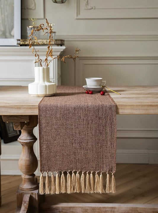 ZeeMart Brown Table Runners 48 Inches Long, Burlap Linen Style Rustic Farmhouse Table Runner, Small Short Boho Coffee Table Runner, 13x48 Inches, Brown