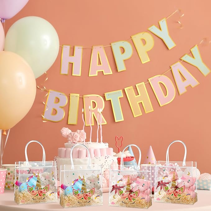 Aliceset 20 Pcs Unicorn Clear Favor Bags with Handles Plastic Treat Pink Unicorn Rainbow Goodie Bags for Birthday Party Supplies Candy, 8 x 8 x 3.15 Inch