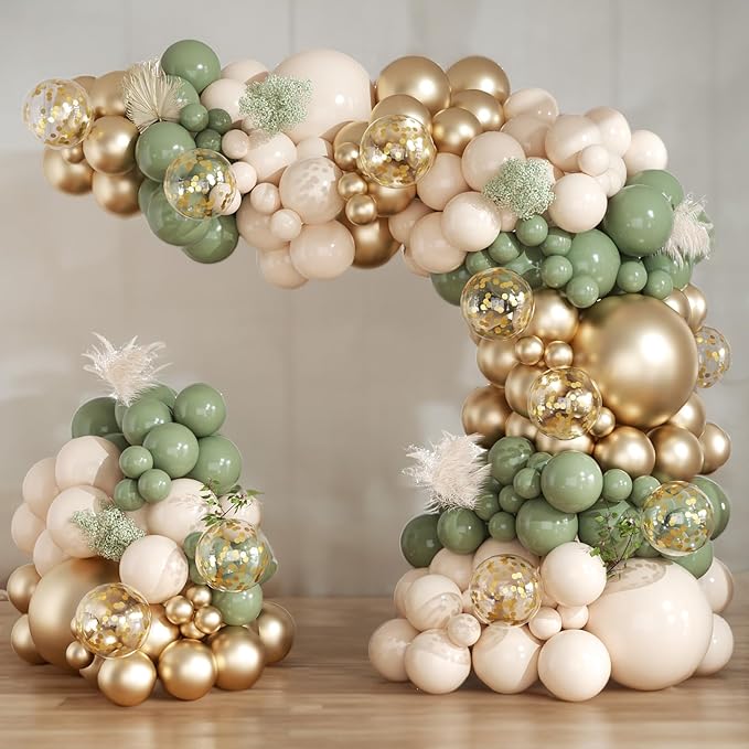 Sage Green and White Gold Balloons Arch Garland Kit 164Pcs Different Sizes Balloons 18 10 5 Inch for Baby Shower Bridal Shower Birthday Wedding Party Decorations