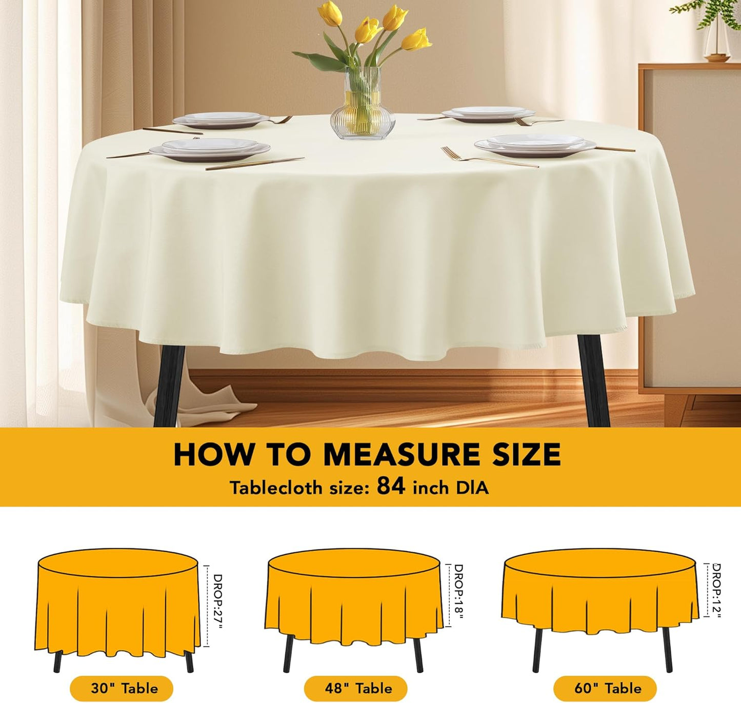 10-Pack Ivory Round Tablecloths, 84 Inches, Stain-Resistant Polyester for 3-5 Ft Round Tables - Washable Table Covers for Weddings, Banquets, Birthday Parties, Events