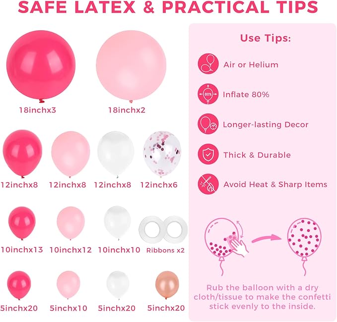 LovesTown Rose Pink Balloon Garland Kit, 150PCS Arch Kit Confetti Pink Metallic Latex Balloons for Wedding Engagement Birthday Party Decorations