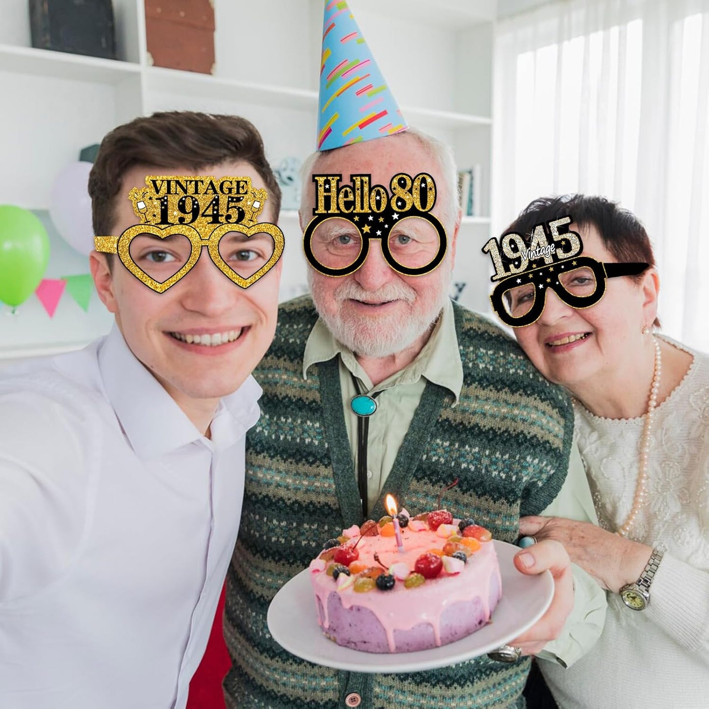 24Pcs 1945 80th Birthday Paper Glasses Decorations for Men Women - Black Gold Happy 80th Birthday Paper Eyeglasses Photo Props, Vintage 1945 Eighty Years Old Birthday Party Supplies
