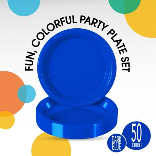 Exquisite Party Solids Dark Blue Plastic Plates For Party Supplies 9" Dark Blue Disposable Plates Heavy Duty 50 Pcs Plastic Dinnerware Sets Heavy Duty 350 GSM Disposable Dinnerware Set
