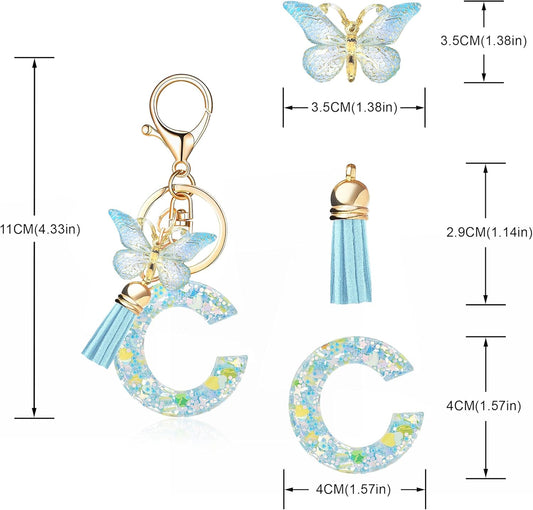 Fashion Alphabet Initial Letter Keychain Tassel Butterfly Pendant Key Ring for Purse Handbags Women Girl