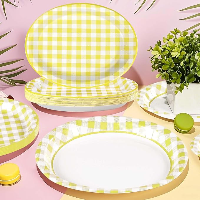 50Pcs Yellow Gingham Oval Paper Plates 10"x12" Large Yellow and White Buffalo Checkered Plaid Plates Disposable Heavy Duty Gingham Party Supplies for Picnic BBQ Baby Shower Birthday Party Decorations